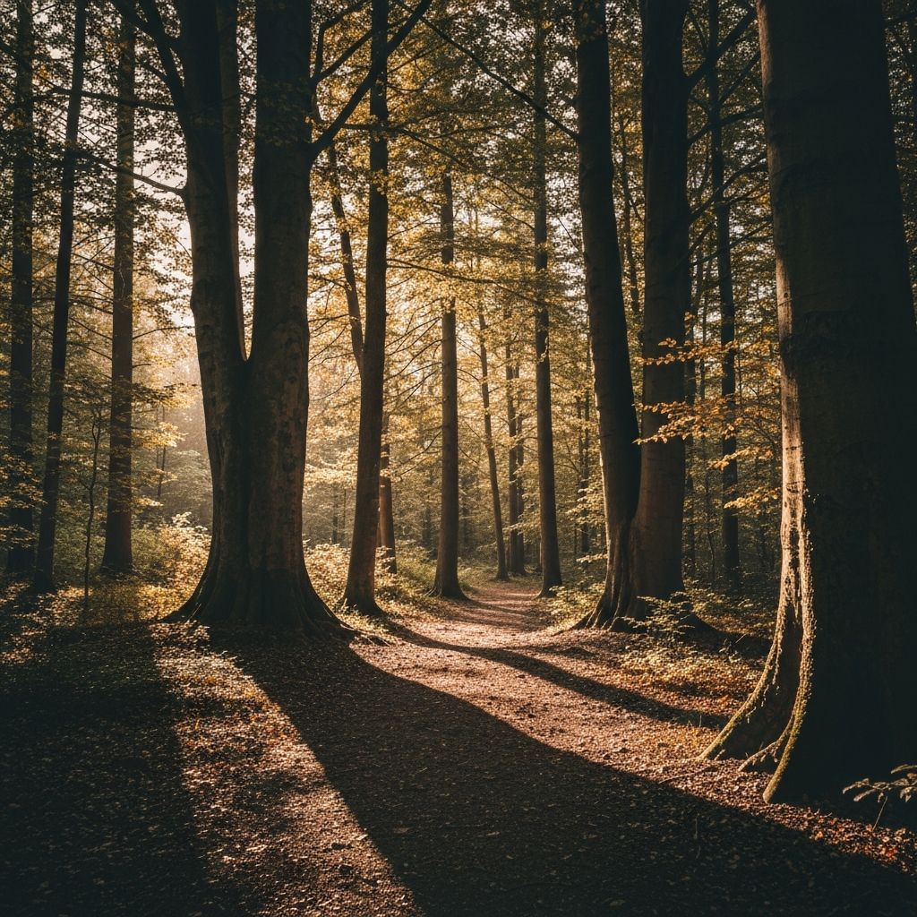 Ήσυχο δάσος με ψηλά δέντρα και μονοπάτι, προσκαλώντας σε ενδοσκόπηση και σύνδεση με τη φύση.