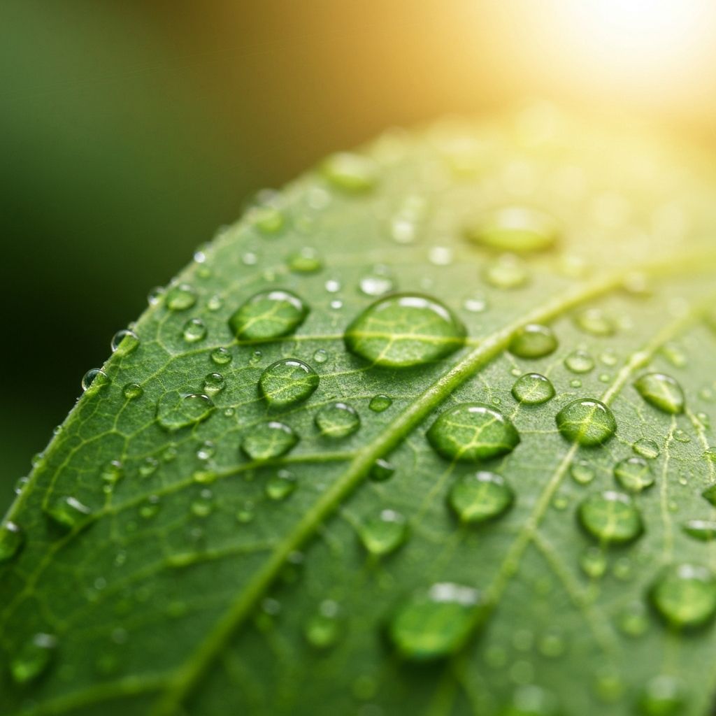 Φωτογραφία εστιασμένη σε σταγόνες νερού σε ένα πράσινο φύλλο, αναδεικνύοντας τη φρεσκάδα και τη ζωτικότητα.