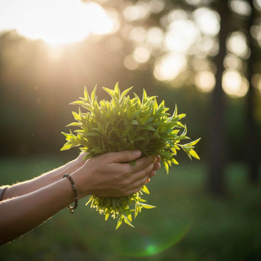 Χέρια που κρατούν φρέσκα πράσινα φυτά με φυσικό φως, αναπαριστώντας μια φρόνιμη σύνδεση με τη φύση.